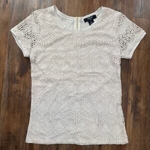 Verve ami size small beige scalloped lace t shirt blouse gold zipper detail
